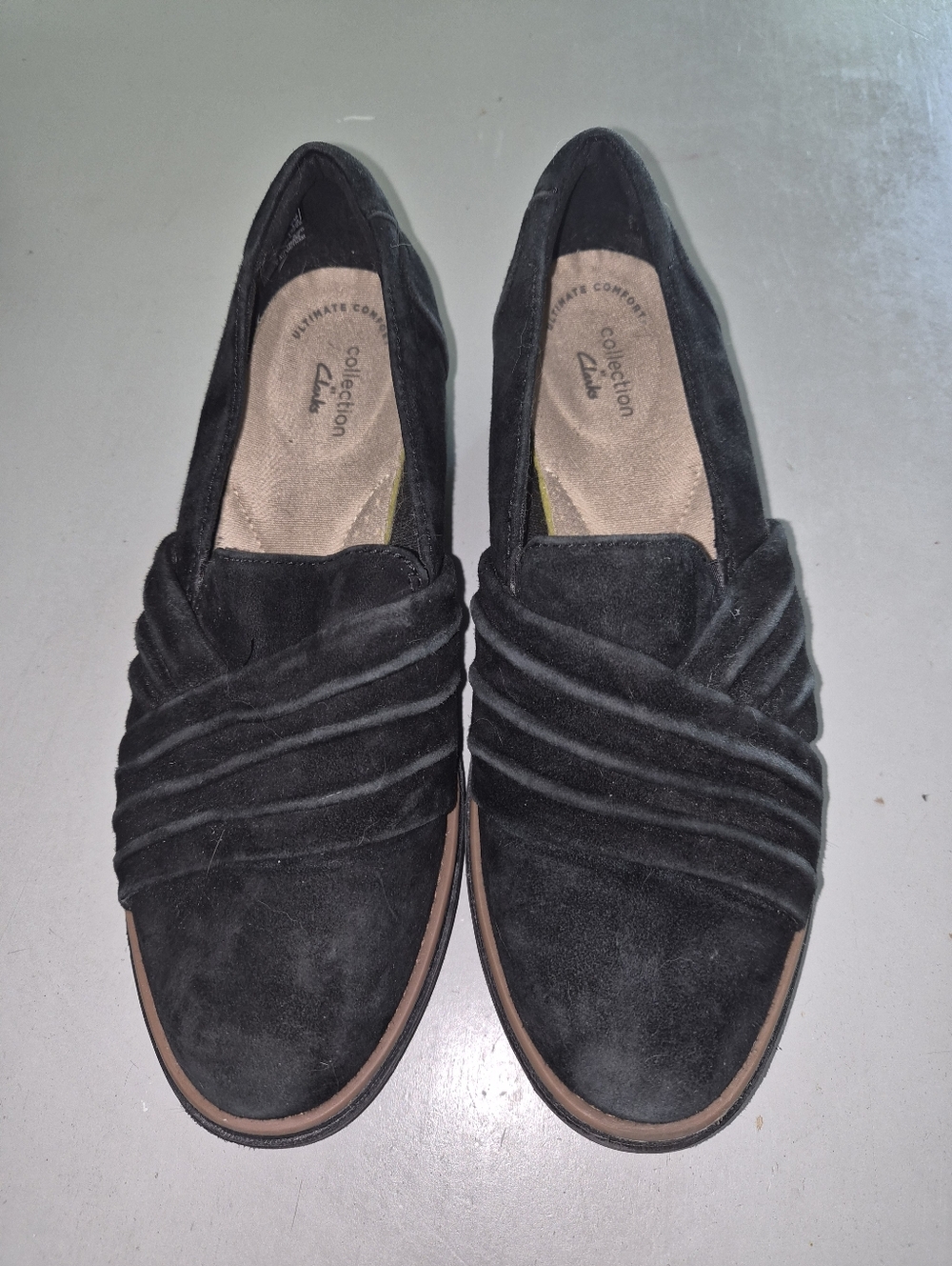 CLARKS Sharon Villa black slip-on ruched wedge loafers